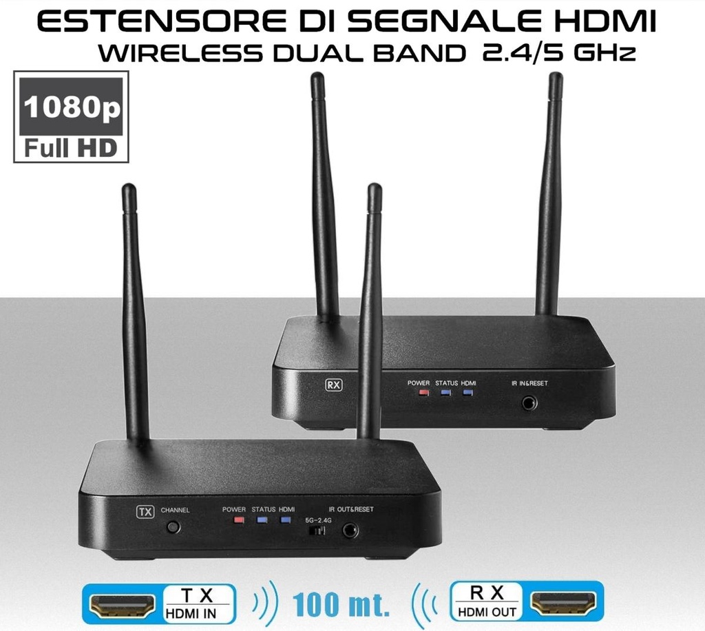 Estensore Wireless di segnale HDMI Dual Band 2,4 e 5GHz con ripetitore di telecomando