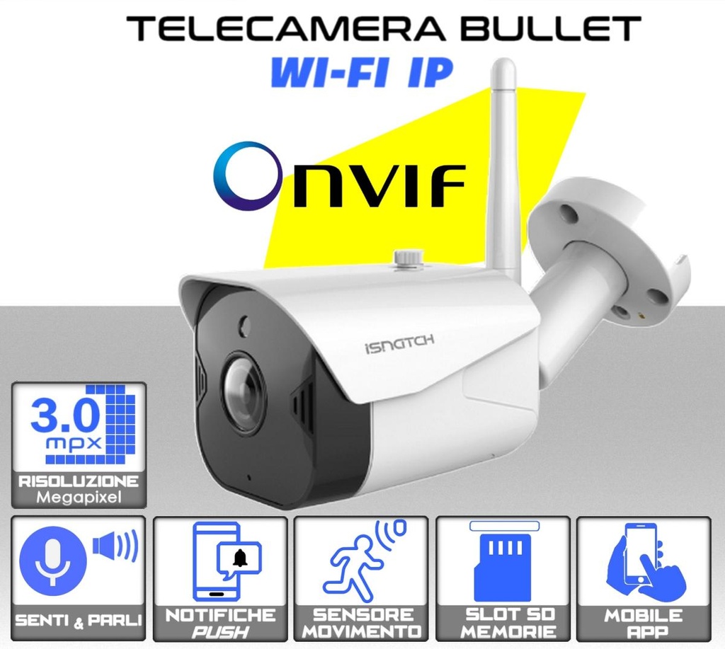 Telecamera bullet WI-FI onvif da 3.0MPX lente 3.6 mm IP65 con Microfono incorporato