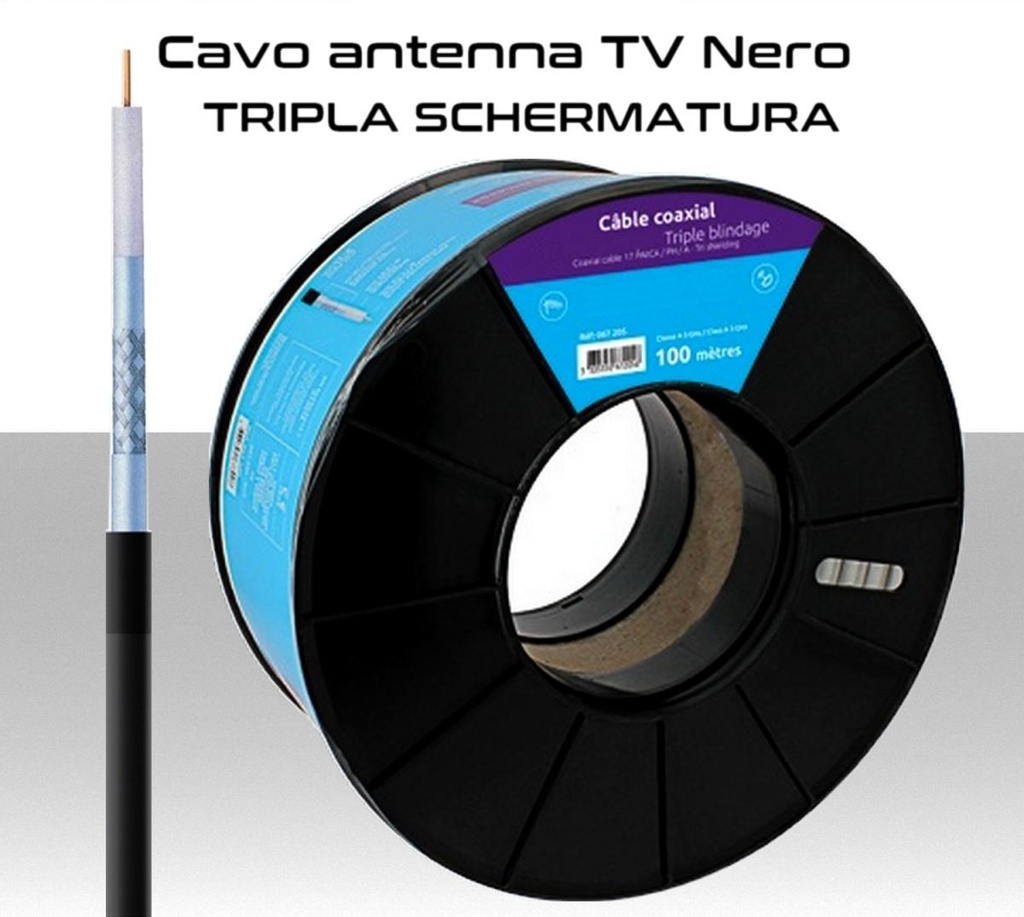 Cavo coassiale per antenna TV 6,8 mm nero in bobina 100 metri tripla schermatura