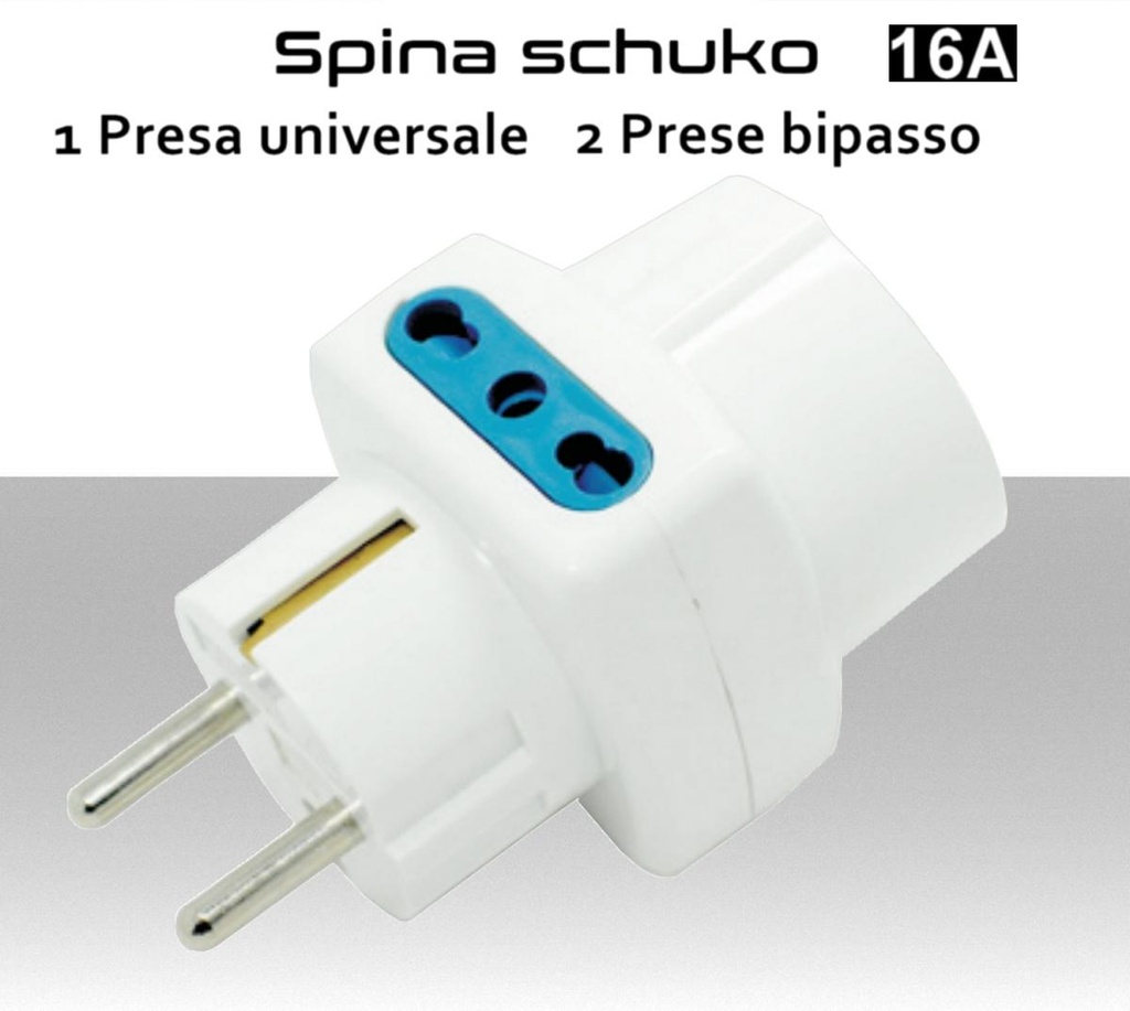 Spina schuko 1 presa universale 2 prese bipasso 16A 2P+T