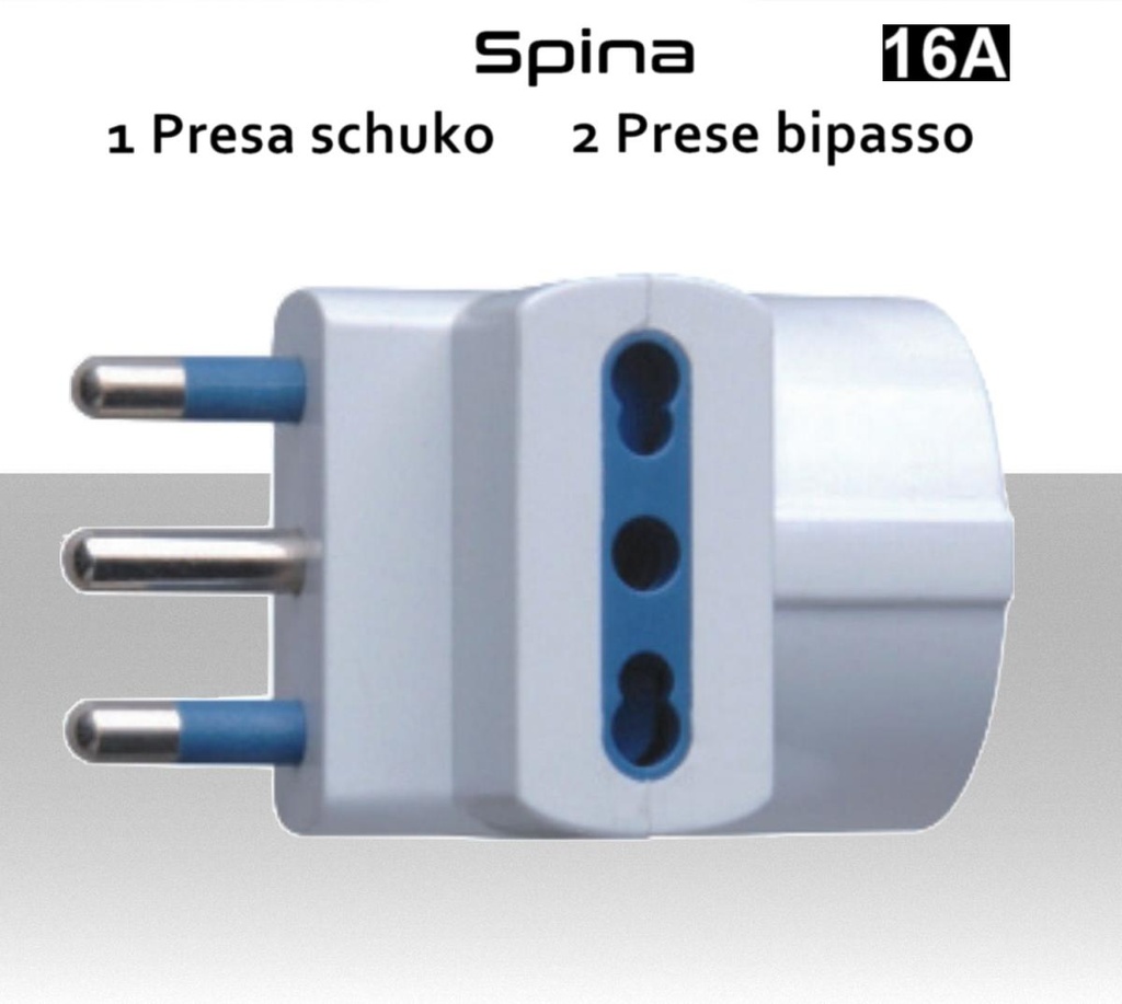 Adattatore Spina italiana s17 con  1 presa schuko  2 prese bipasso 10A 16A