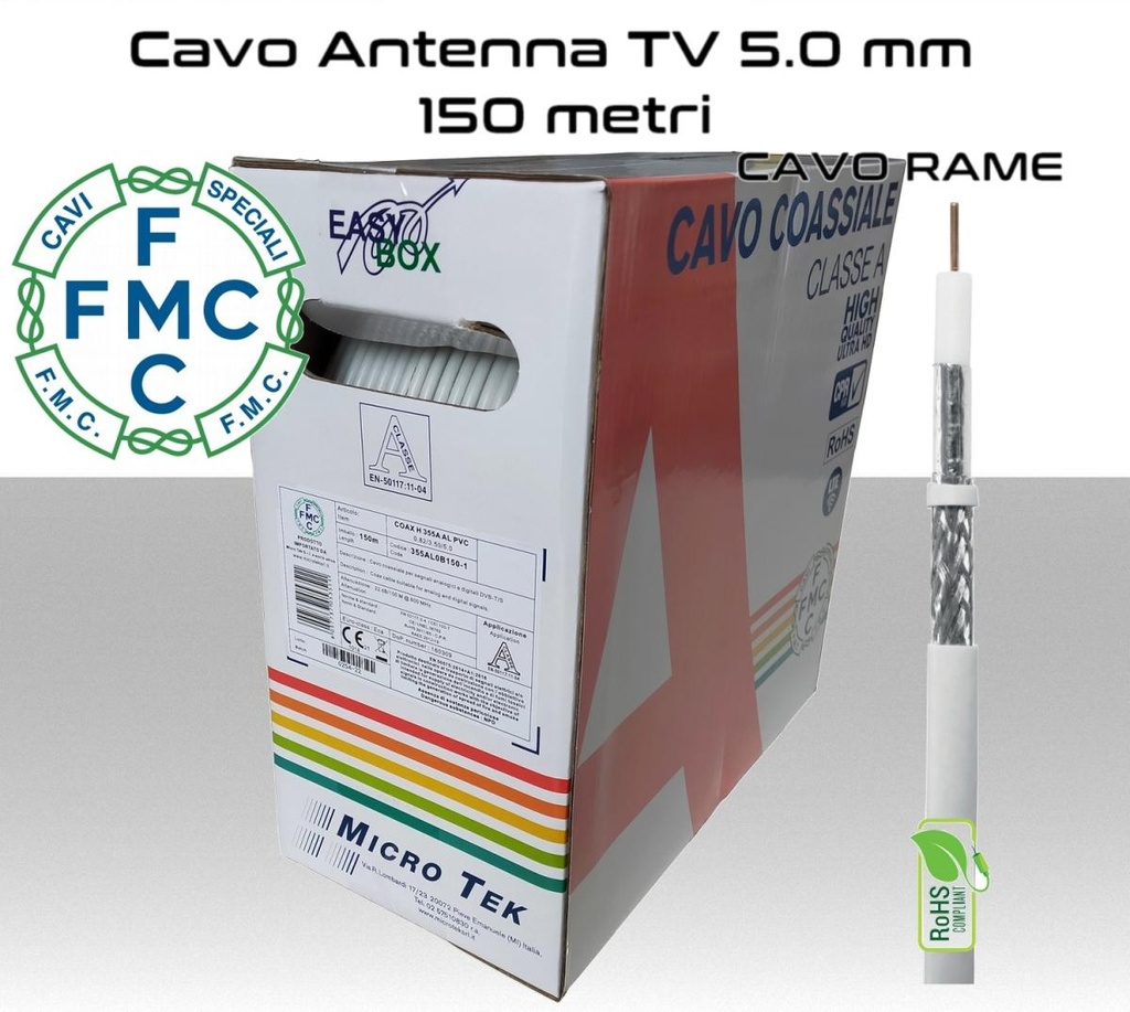 Cavo antenna TV 5 mm in bobina 150 metri Rame e PVC bianco Micro TEK 