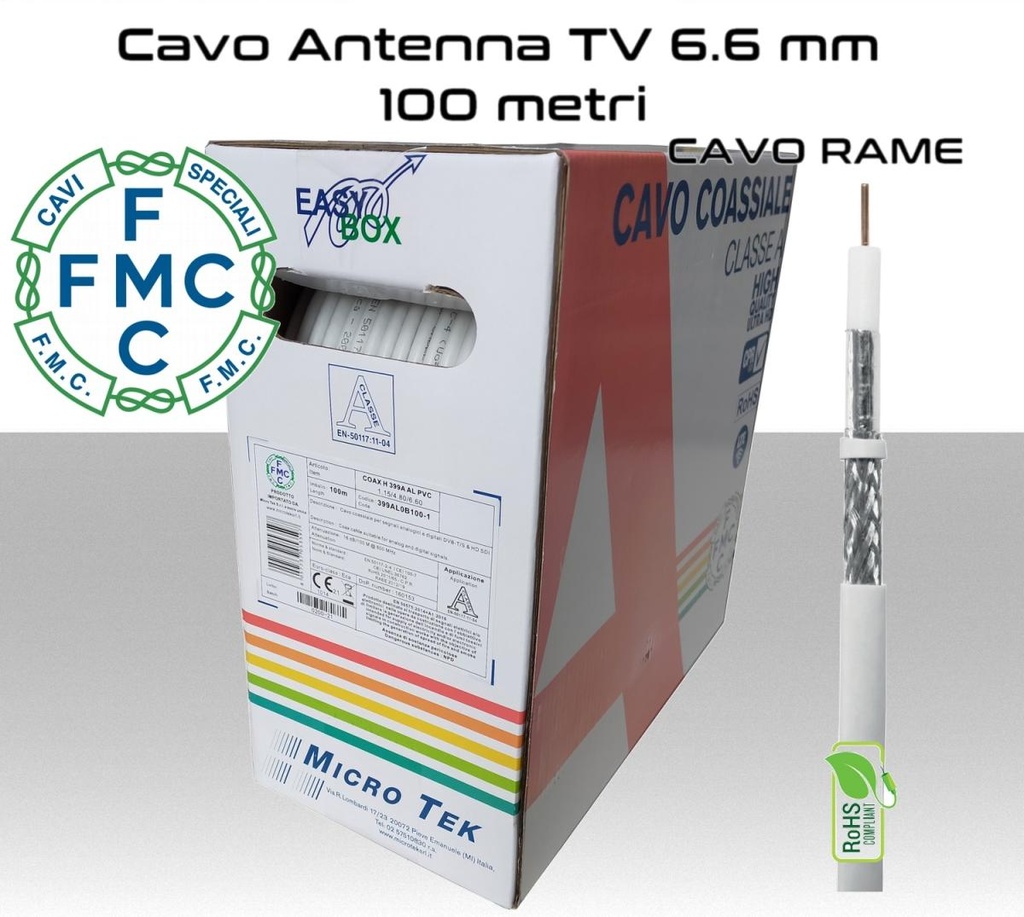 Cavo coassiale per antenna TV 6,6 mm in bobina 100 metri Rame e PVC bianco Micro TEK