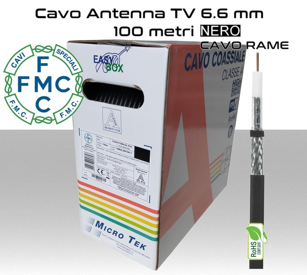 Cavo antenna TV 6,6 mm in bobina 100 metri Rame e PVC nero Micro TEK  