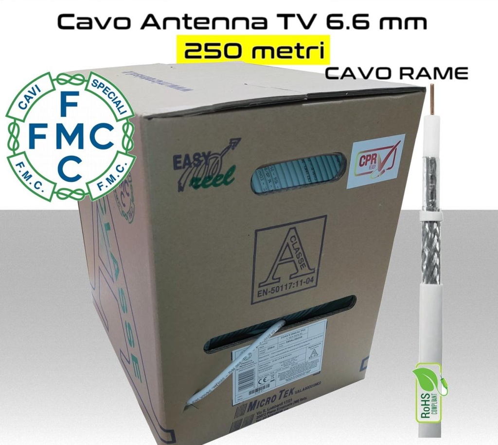 Cavo coassiale per antenna TV 6,6 mm in bobina 250 metri Rame e PVC bianco Micro TEK