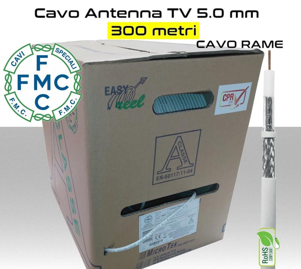 Cavo coassiale per antenna TV 5 mm in bobina 300 metri Rame e PVC bianco Micro TEK