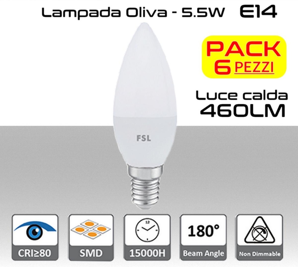 Lampadina LED oliva 5,5W luce calda 3000k E14 460 lumen PACK 6pz.