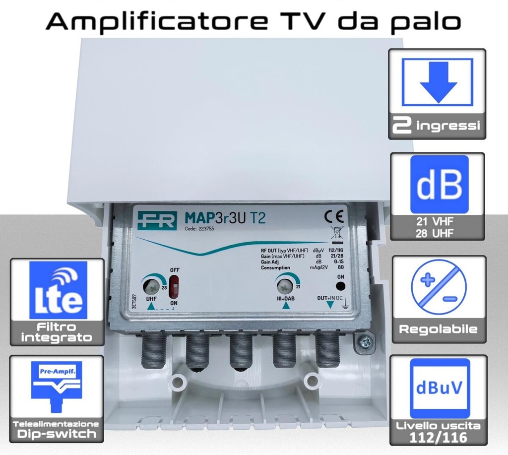 Amplificatore antenna TV 2 ingressi VHF / 21:48 28dB regolabile Filtro 5G