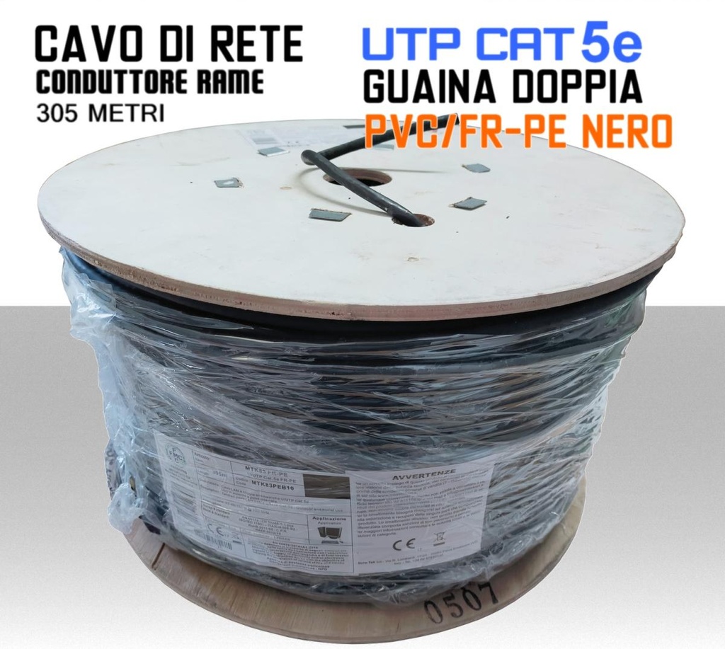 Cavo Ethernet LAN CAT 5e UTP conduttore in RAME Doppia guaina PVC-FR/PE 