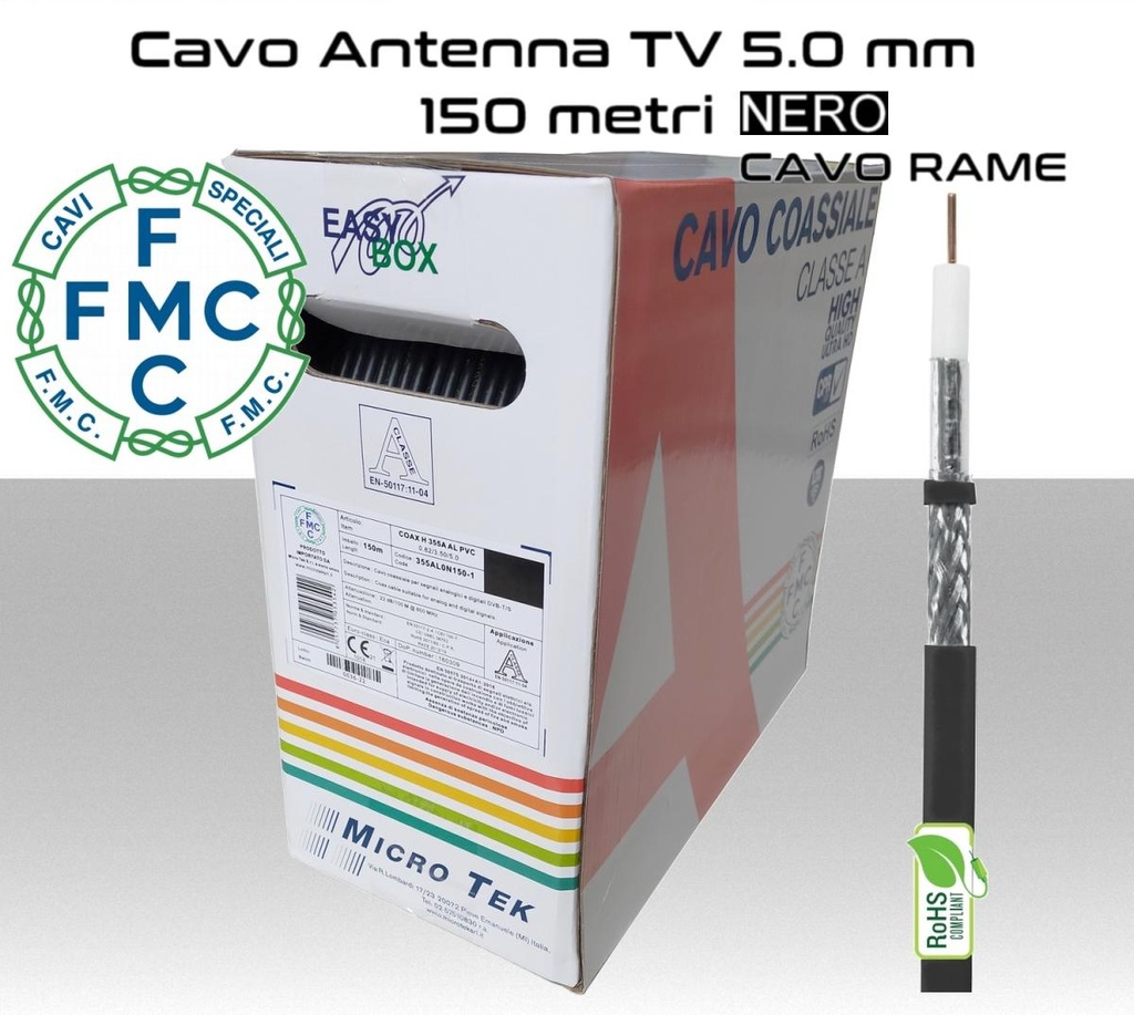 Cavo coassiale per antenna TV 5 mm in bobina 150 metri Rame e PVC nero Micro TEK