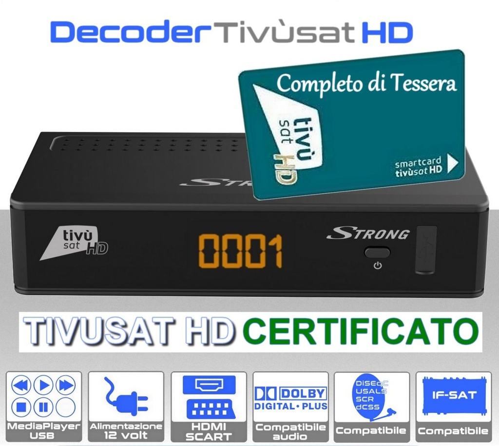 Decoder tivùsat HD Strong7807 completo di smart card con funzioni USB Ricevitore tivùsat certificato