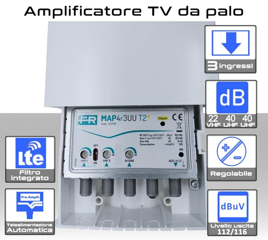 Amplificatore antenna TV 3 ingressi VHF-UHF-UHF 40dB regolabile Filtro 5G