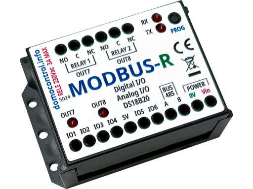 [MODBUS-R] Dispositivo RS485 con protocollo MODBUS con 6 IO + 2 uscite a relè deviatore