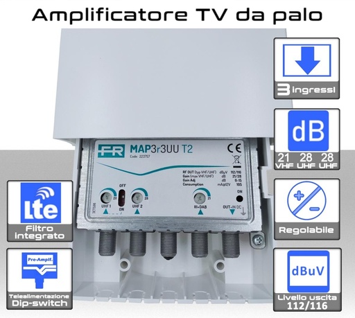 [MS2271] Amplificatore antenna TV 3 ingressi VHF-UHF-UHF 28dB regolabile Filtro 5G