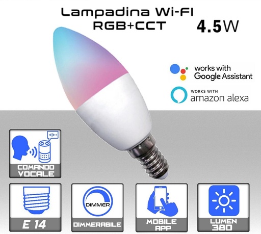 [MS0234] Lampadina LED Wi-Fi 4.5W 350 lumen E14 RGB e bianco dimmerabile