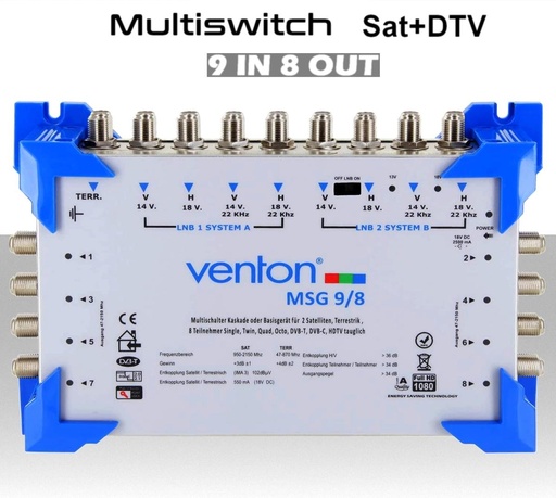 [MS2012] Multiswitch  9/8 centralino autoalimentato a due satelliti con terrestre per 8 utenze indipendenti serie Venton MSG