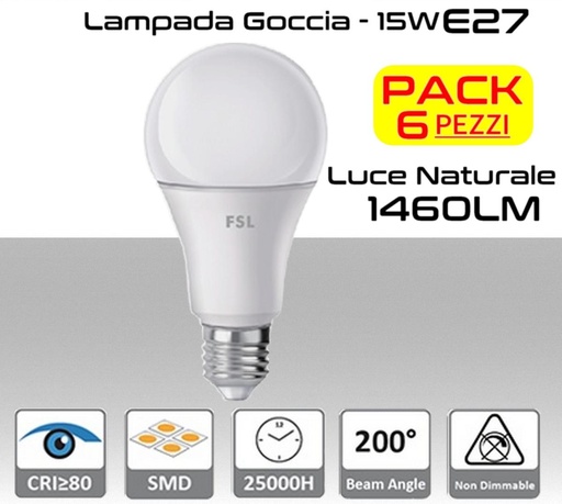 [MS0375] Lampadina LED a goccia 15W luce naturale 4000k E27 1460 lumen PACK 6 PZ.