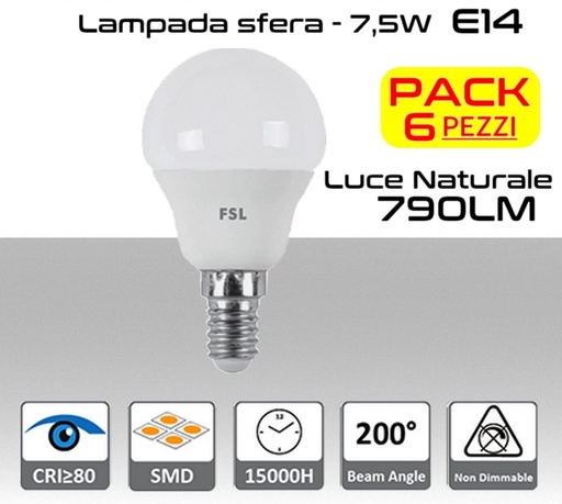 [MS0373] Lampadina LED a sfera 7,5W luce naturale 4000K E14 790 lumen PACK 6 PZ