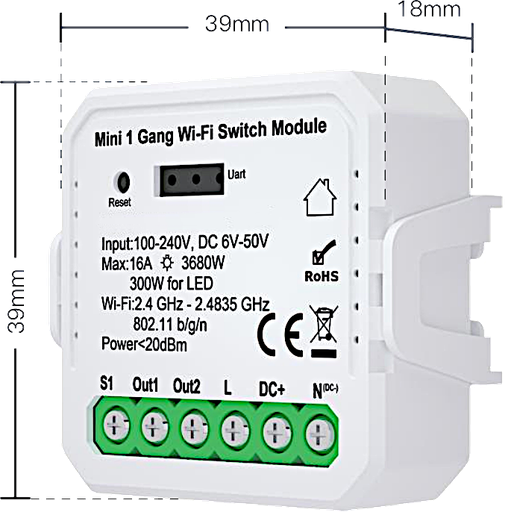 [STWR1C] TUYA - Smart Relè WiFi 1 uscita - Contatto Pulito - Max 3680Wac / 300Wdc Led - 39x39x18mm