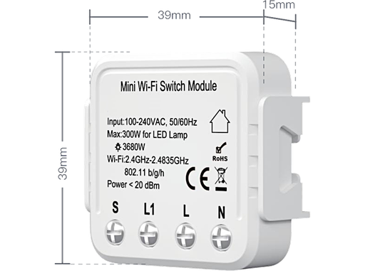 [STWR1B] TUYA - Smart Relè WiFi 1 uscita - Profilo ribassato - Max 3600Wac/300Wdc led - 39x39x15mm