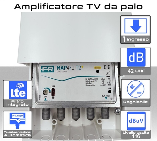 [MS2282] Amplificatore antenna TV 1 ingresso UHF 42dB regolabile Filtro 5G 