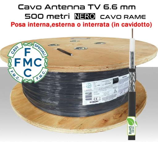 [MS0920] Cavo coassiale per antenna TV 6,6 mm in bobina 500 metri Rame e FR-PE nero Micro TEK