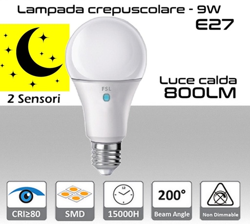 [SA0403] Lampadina crepuscolare E27 LED 9W Luce calda 3000K 800 lumen con doppio sensore Crepuscolare