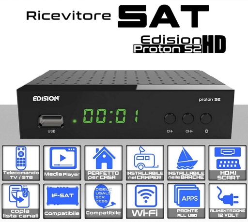 [SA2901] Decoder Edision Proton S2 satellitare FULL HD 12 Volt  Funzioni USB wifi integrato 
