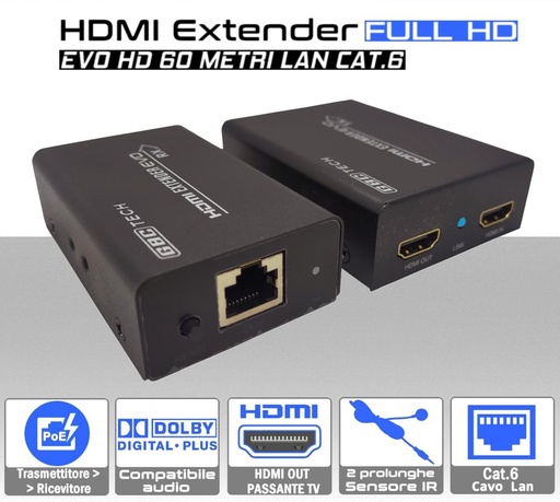 [MS2194] Estensore HDMI lan ethernet CAT.6 distanza 60 metri supporto HDCP tecnologia POC  passante HDMI e ripetitore IR di telecomando bidirezionale 