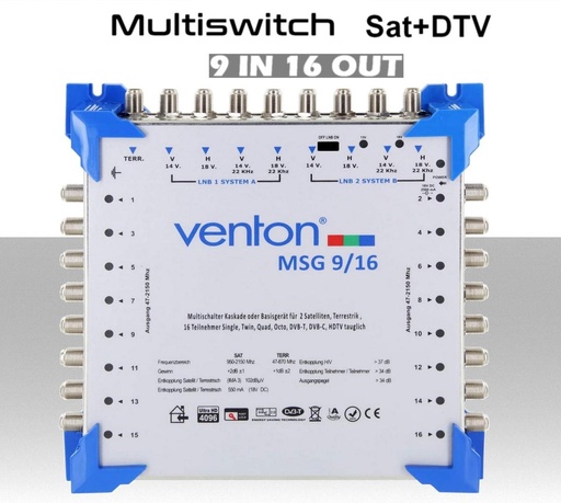 [MS2013] Multiswitch  9/16 centralino autoalimentato a due satelliti con terrestre per 16 utenze indipendenti serie Venton MSG