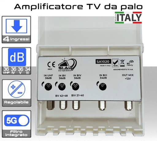 [MS1020] Amplificatore antenna TV 4 ingressi VHF-IV-V-UHF 36dB regolabile Filtro 5G