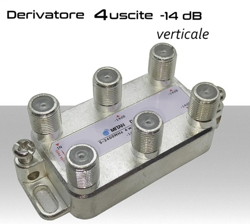 [MS2401M] Derivatore antenna 4 uscite verticale attenuazione -14dB con 1 via passante DC schermato con connettore F per banda TV e Satellite mitan DF414