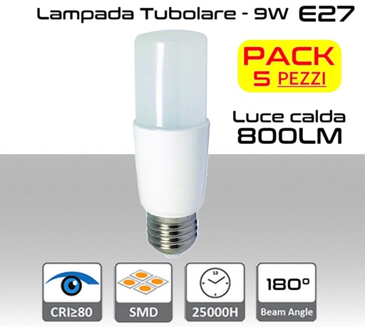 [SA2117] Lampadina LED tubolare E27 luce calda 3000K da 800 lumen 9W  PACK 5 PZ