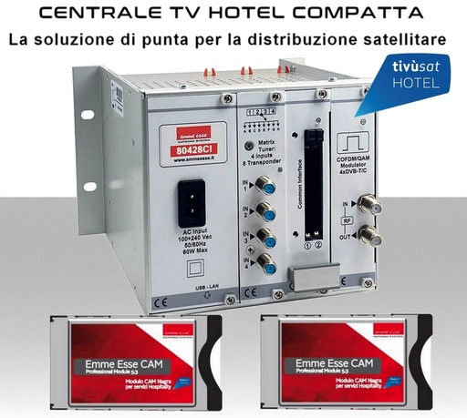 [MS80428CI] Centrale TV Hotel compatta certificata tivùsat 4 ingressi a 8 transponder e 4 Mux di uscita con 2 slot FlexCAM complete di moduli cam professionali e card Tivusat.Emme Esse 80428CI