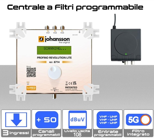 [MS2424M] Centralina tv programmabile 3 ingressi VHF-UHF a filtri digitali 5G Ready Johansson J6714