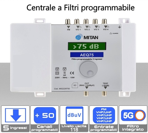 [MS2420M] Centralina tv programmabile 5 ingressi VHF-UHF a filtri digitali 5G Ready MITAN AEQ75