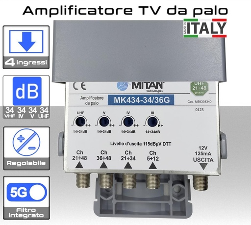 [SA2429M] Amplificatore antenna TV 4 ingressi VHF-IV-V-UHF 34dB Mitan MK434-34/36G