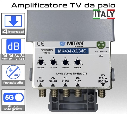 [MS2430M] Amplificatore antenna TV 4 ingressi VHF-IV-V-UHF 34dB Mitan MK434-32/34G4 