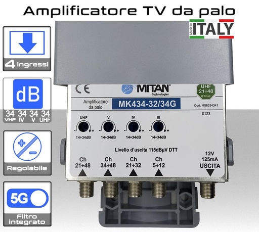 [SA2430M] Amplificatore antenna TV 4 ingressi VHF-IV-V-UHF 34dB Mitan MK434-32/34G4 