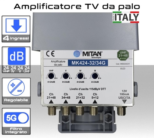 [SA2431M] Amplificatore antenna TV 4 ingressi VHF-IV-V-UHF 24dB Mitan MK424-32/34G