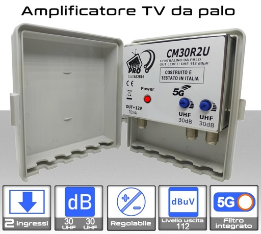 [SA2816] Amplificatore antenna TV 2 ingressi UHF 30dB regolabile Serie PRO