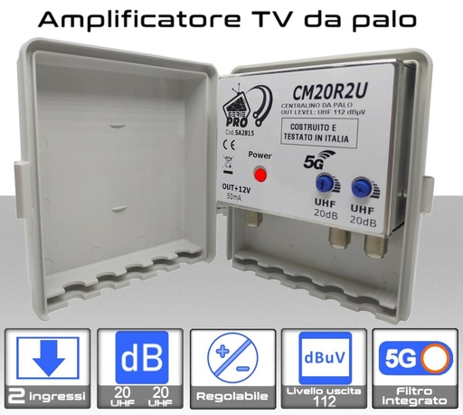 [SA2815] Amplificatore antenna TV 2 ingressi UHF 20dB regolabile Serie PRO