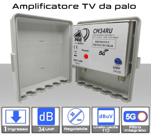 [MS2812] Amplificatore antenna TV 1 ingresso UHF 34dB regolabile Serie PRO