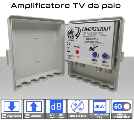 [SA2818] Amplificatore antenna TV 2 ingressi UHF 40dB regolabile 2 OUT Serie PRO