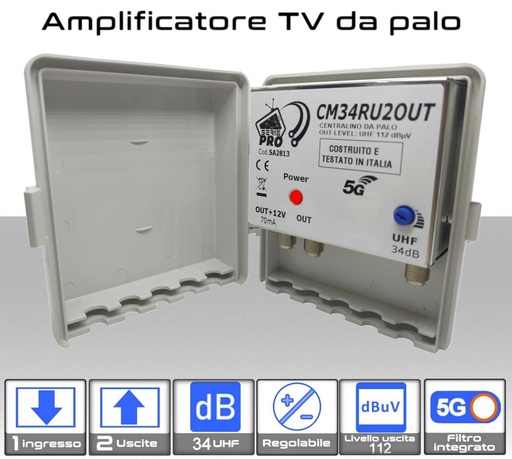 [MS2813] Amplificatore antenna TV 1 ingresso / 2 uscite UHF 34dB regolabile Serie PRO