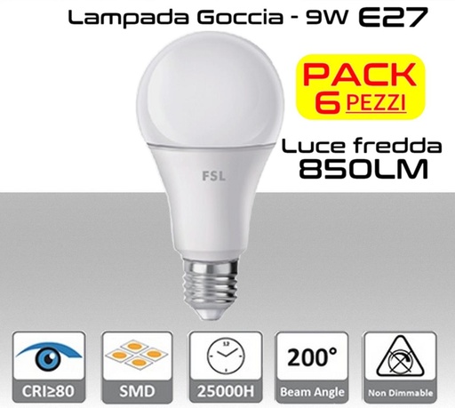 [MS0227] Lampadina LED a goccia 9W luce fredda E27 850 lumen PACK 6 PZ.