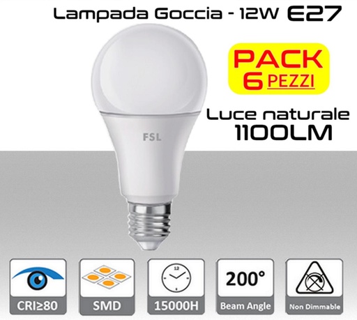 [MS0105] Lampadina LED a goccia 12W luce naturale E27 1100 lumen PACK 6 PZ.