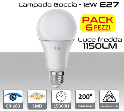 [MS0106] Lampadina LED a goccia 12W luce fredda E27 1150 lumen PACK 6 PZ.