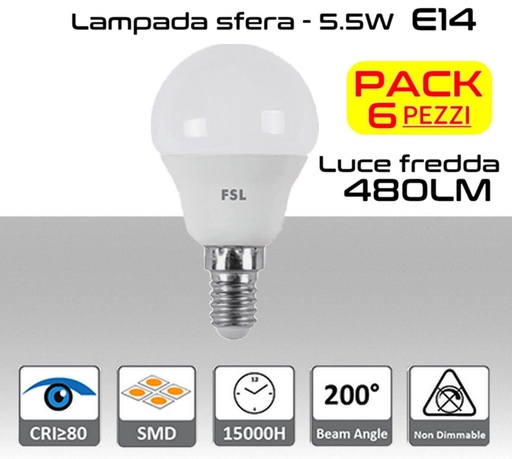 [MS0112] Lampadina LED a sfera 5,5W luce fredda E14  480 lumen PACK 6 PZ