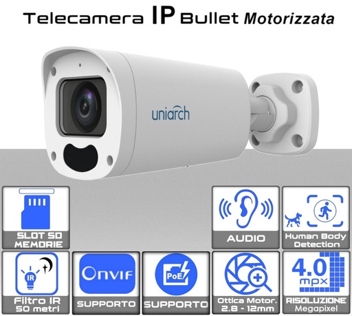 [MS0415] Telecamera IP Bullet PoE Onvif 4MP Ottica variabile 2.8 - 12mm con Human Body  Uniarch